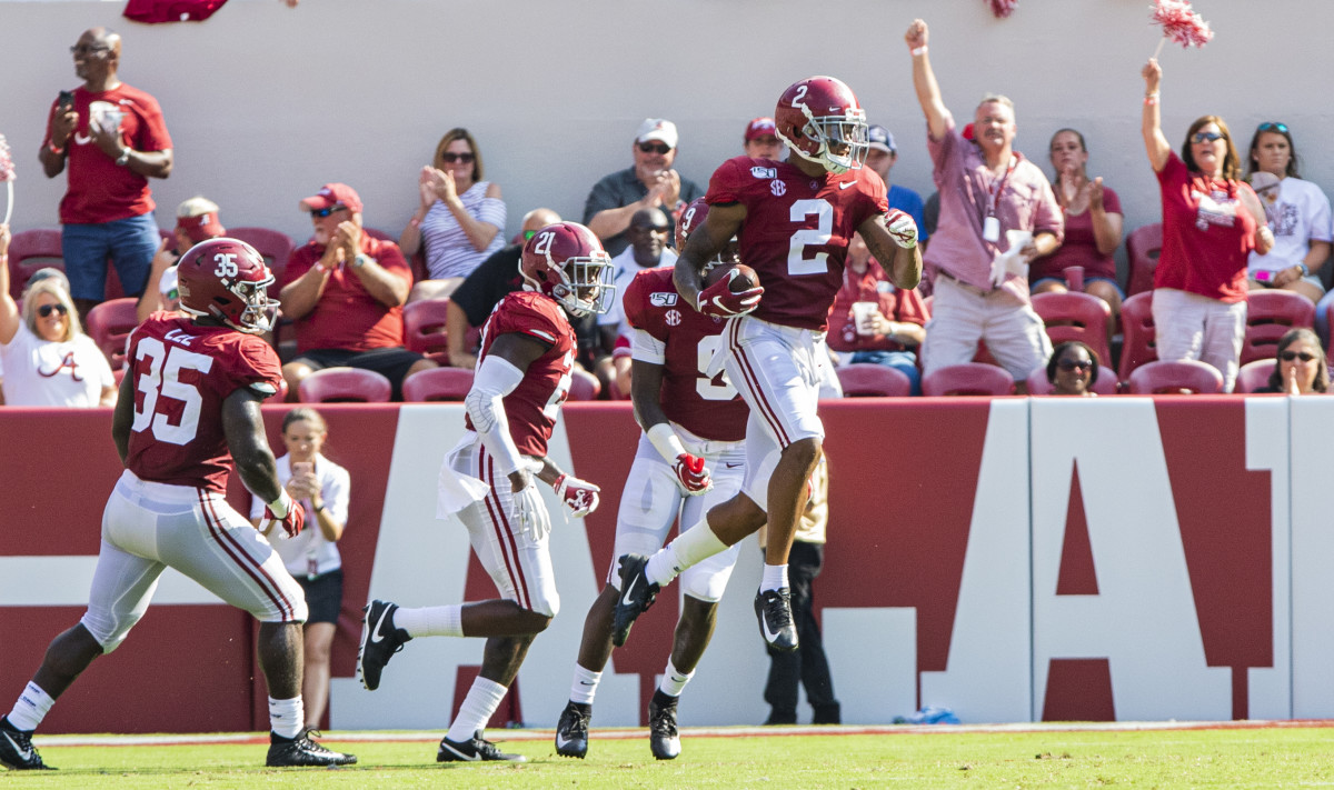 Patrick Surtain II celebrates an interception against New Mexico State